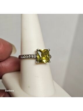 Emerad-cut CZ Lime Green & White Diamond Solitare Statement Dinner Ring, Size 8